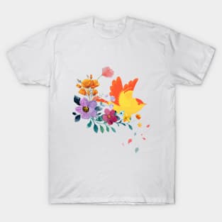 blooming flowers and orange color bird colorful art T-Shirt